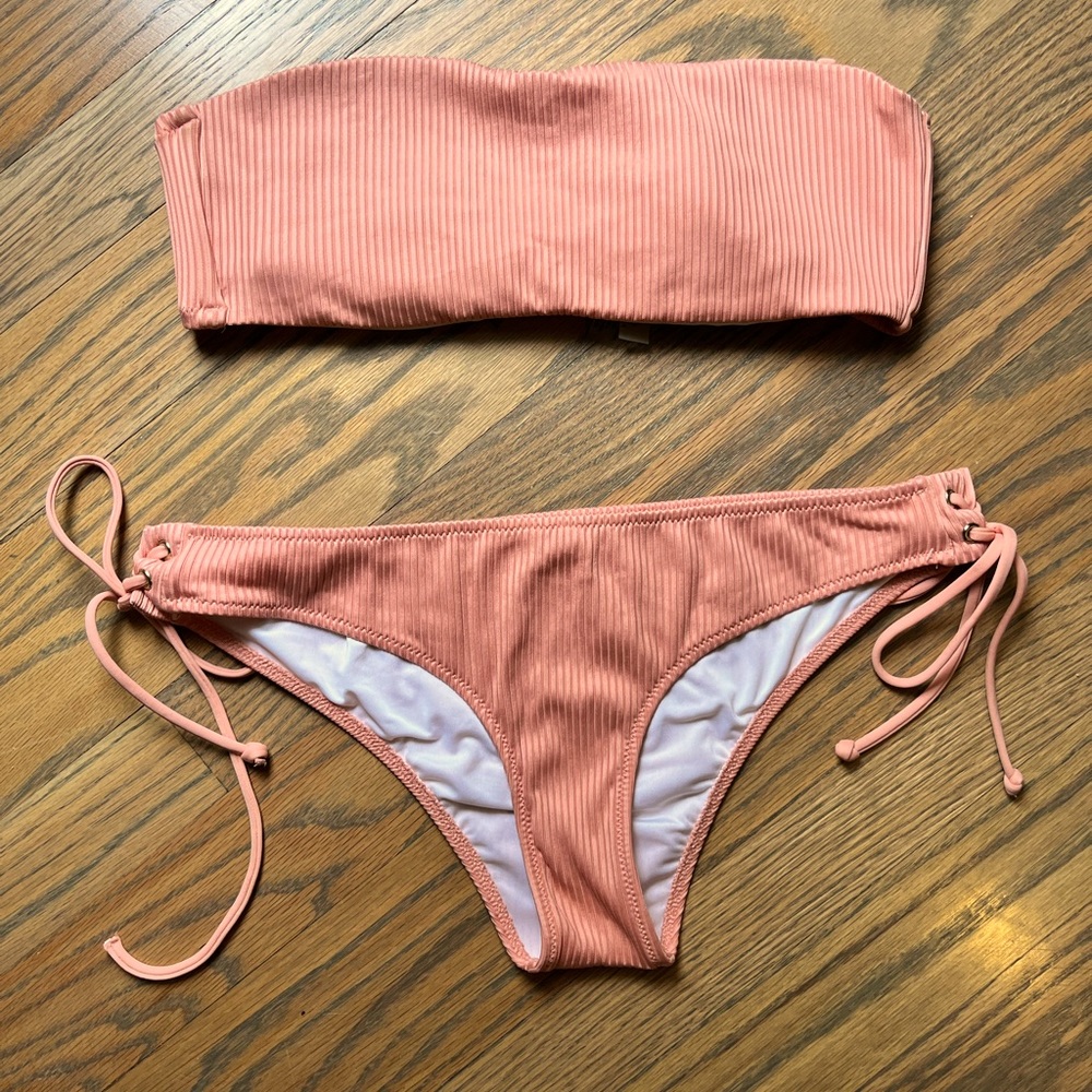 PINK Sultry peach ribbed bandeau, side tie hipster